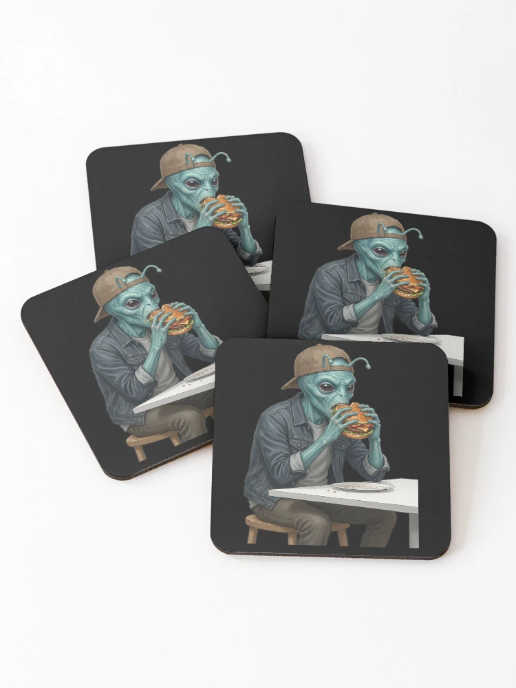 Thumbnail 1 of 5, Coasters (Set of 4), Alien eats burger designed and sold by ReneMM.