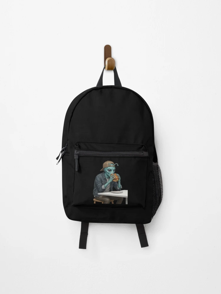 Thumbnail 1 of 3, Backpack, Alien eats burger designed and sold by ReneMM.