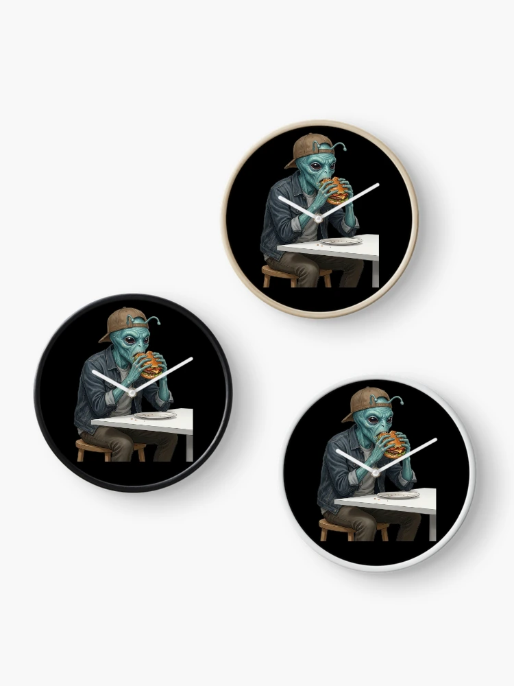 Thumbnail 3 of 4, Clock, Alien eats burger designed and sold by ReneMM.