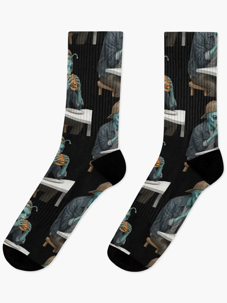 Thumbnail 1 of 5, Socks, Alien eats burger designed and sold by ReneMM.