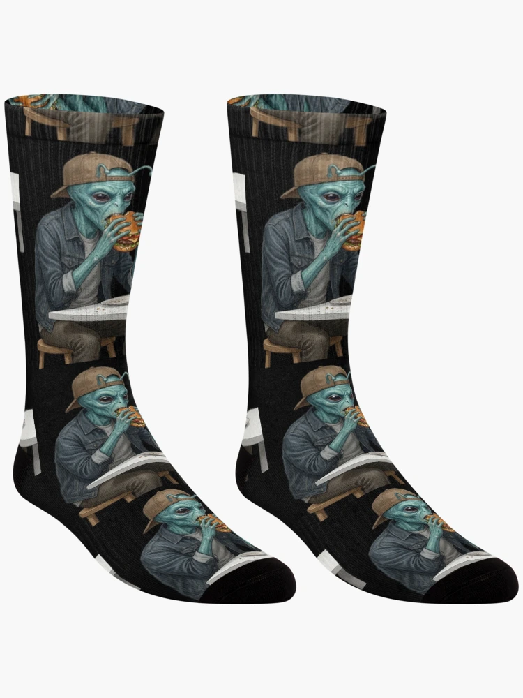 Thumbnail 3 of 5, Socks, Alien eats burger designed and sold by ReneMM.
