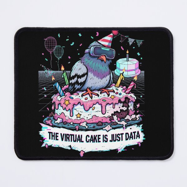 Item preview, Cyberpunk Birthday Cake with Party Bird, VR Goggles and Neon Pixel Art designed and sold by ArcaneArtistry.
