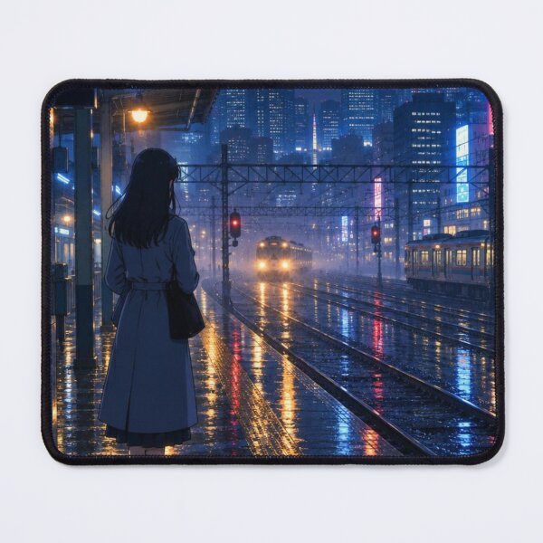Item preview, Anime Girl Waiting at Rainy Tokyo Train Station Platform at Night designed and sold by vekotpu.