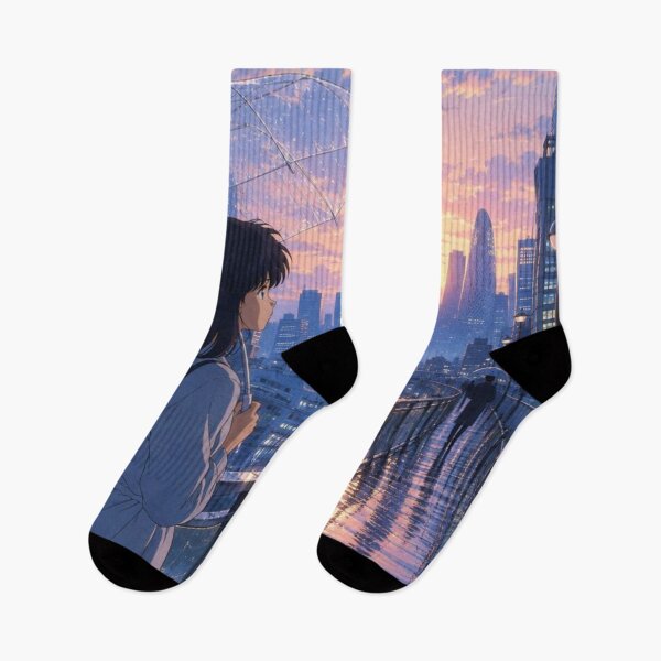 Item preview, Anime Girl with Umbrella Looking Over Sunset Tokyo Cityscape designed and sold by vekotpu.