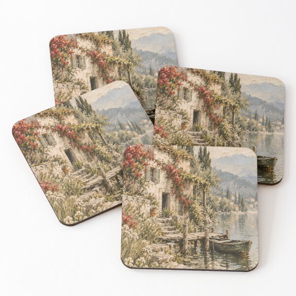 Item preview, Vintage Oil Painting Lakeside Cottage with Red Bougainvillea designed and sold by Jozefin's Studio.