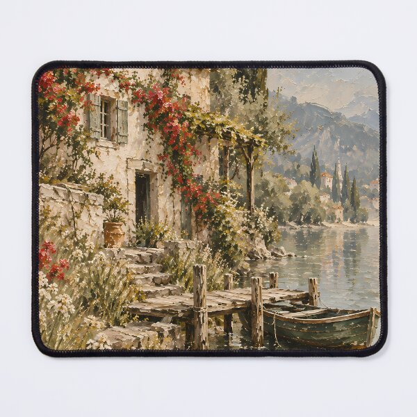 Item preview, Vintage Oil Painting Lakeside Cottage with Red Bougainvillea designed and sold by Jozefin's Studio.