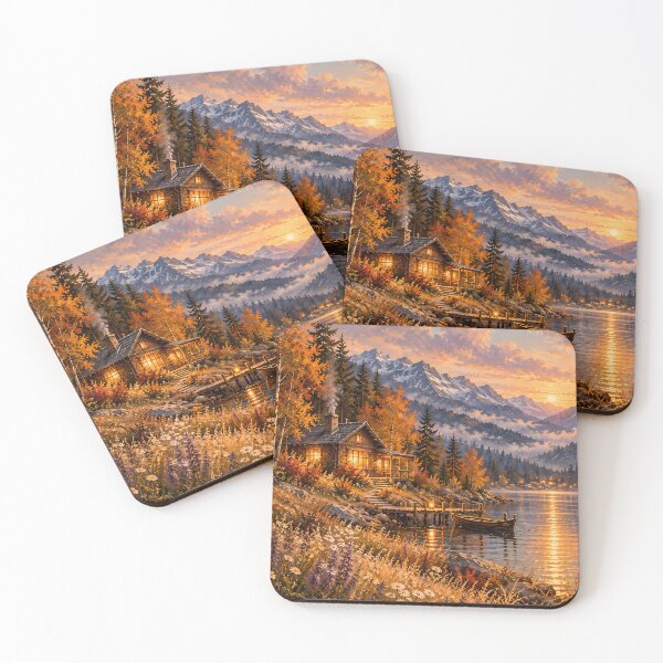 Item preview, Rustic Autumn Lakeside Cabin Oil Painting Sunset designed and sold by Jozefin's Studio.