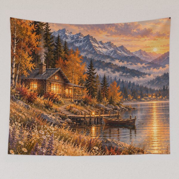 Item preview, Rustic Autumn Lakeside Cabin Oil Painting Sunset designed and sold by Jozefin's Studio.