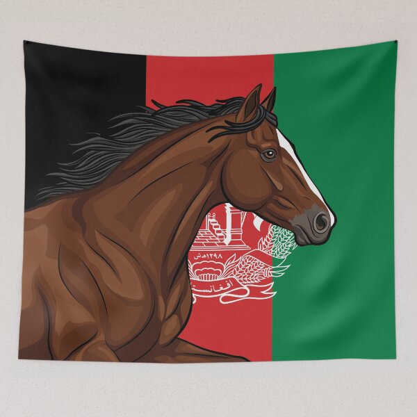 Item preview, The Afghan horse in front of the Afghan flag designed and sold by Cheval-de-coeur.