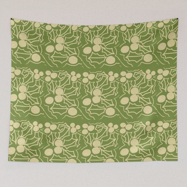 Item preview, Retro Christmas Holly and Berries – Olive Green and Vintage Cream designed and sold by Britishdelights.