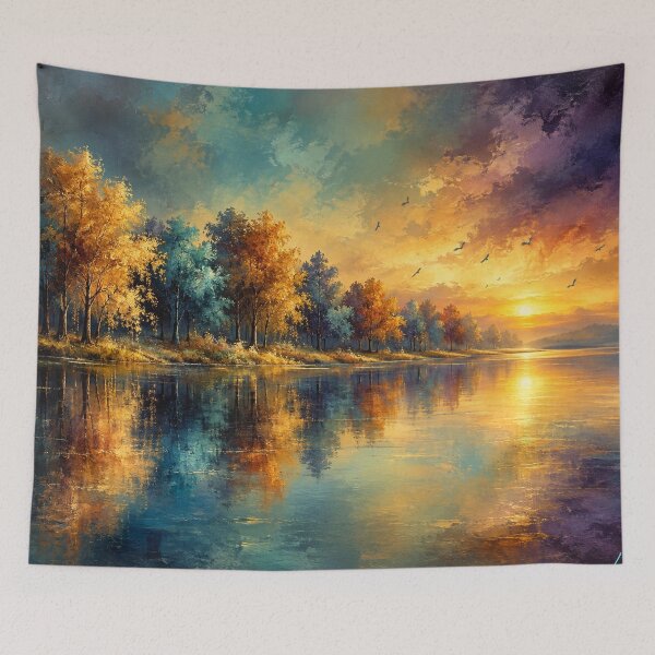 Item preview, Autumn River Sunset - Vibrant Landscape Painting designed and sold by Joey Santiago.