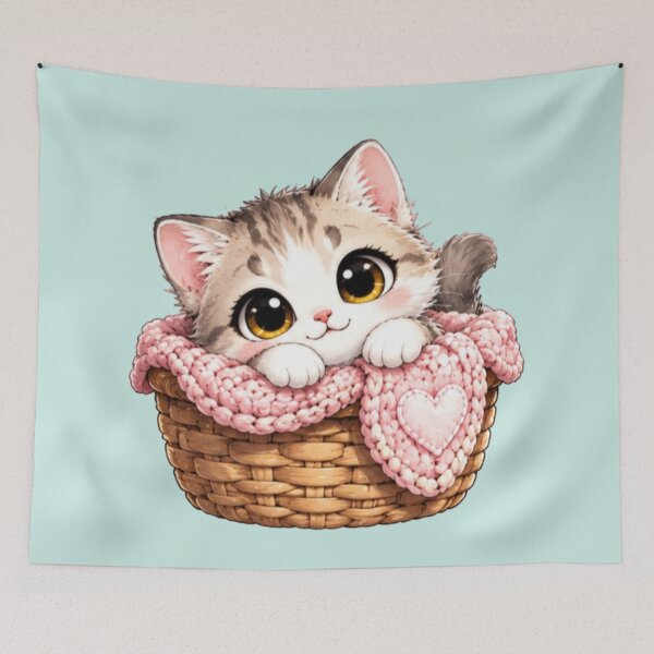 Item preview, Cute Kawaii Kitten in Basket – Cozy Cat Art designed and sold by MushArtist.