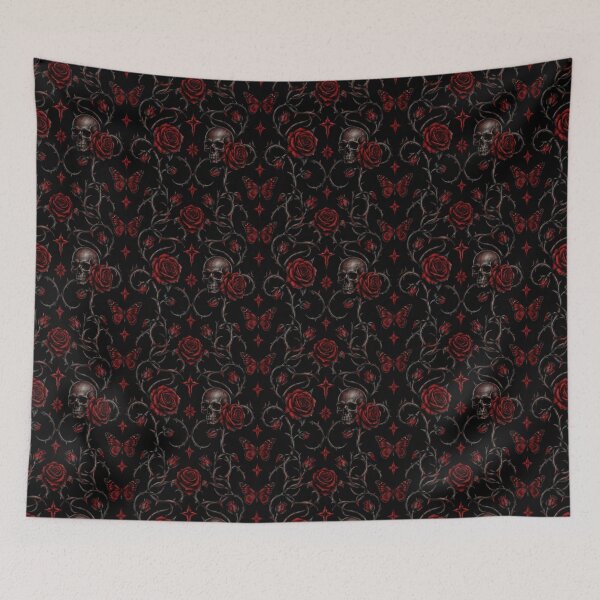 Item preview, Midnight Thorns - Gothic Skull, Red Rose & Butterfly Damask Pattern designed and sold by cabuks.