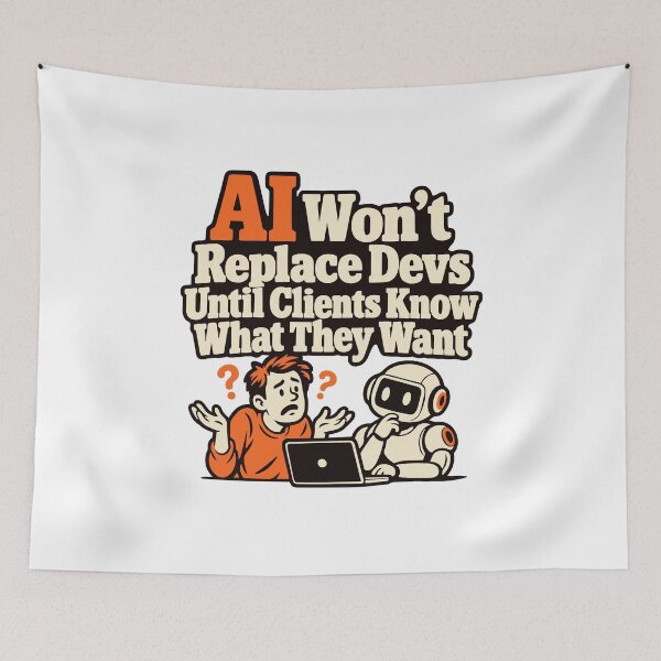 Item preview, AI Won’t Replace Devs Until Clients Know What They Want designed and sold by ThreadQuirk.