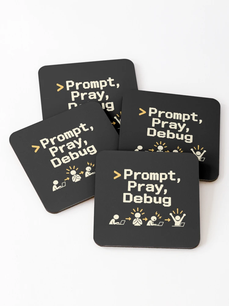 Thumbnail 1 of 5, Coasters (Set of 4), Prompt, Pray, Debug Terminal Humor designed and sold by ThreadQuirk.