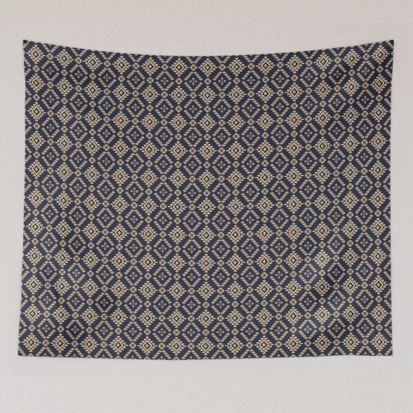 Item preview, Thai Ikat Geometric Seamless Pattern Navy Tan Traditional Thai Pixel Aztec Woven Fabric Design designed and sold by KOPatternCo.
