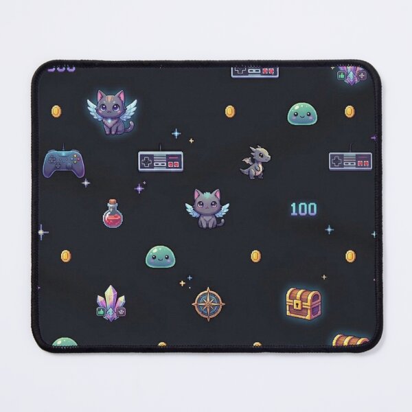 Item preview, Retro Pixel Art Video Game Pattern – Winged Cats, Dragons and Controllers – Black Background designed and sold by GrafikShopCo.