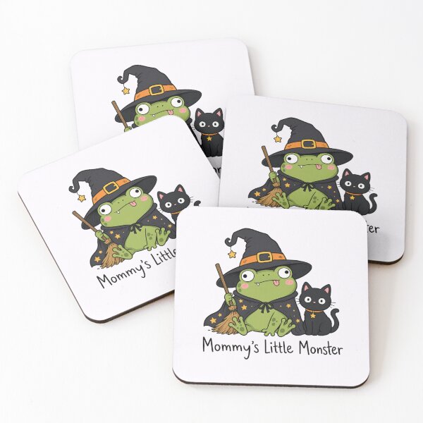 Item preview, Mommy's Little Monster Cute Witch Frog with Black Cat & Broom | Halloween Kids Illustration & Magical Spooky Art designed and sold by illeN-Art-World.