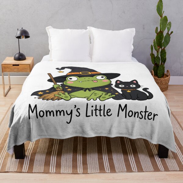 Item preview, Mommy's Little Monster Cute Witch Frog with Black Cat & Broom | Halloween Kids Illustration & Magical Spooky Art designed and sold by illeN-Art-World.