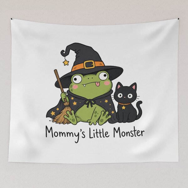Item preview, Mommy's Little Monster Cute Witch Frog with Black Cat & Broom | Halloween Kids Illustration & Magical Spooky Art designed and sold by illeN-Art-World.