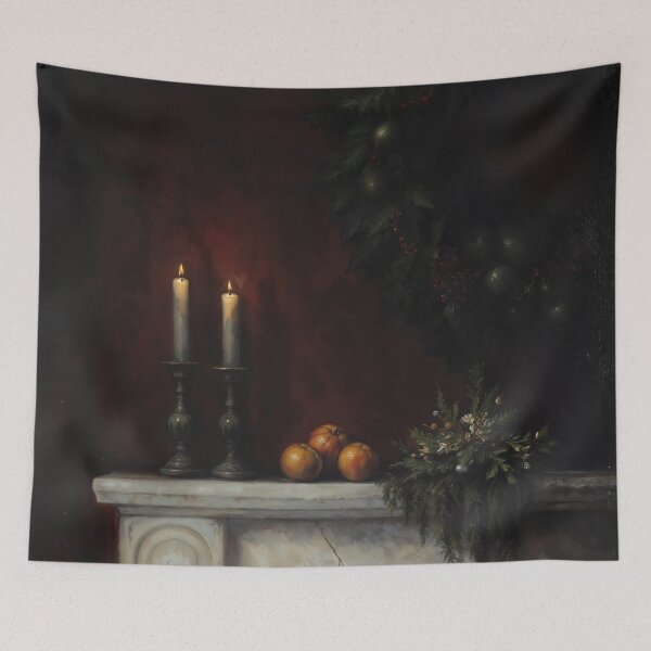 Item preview, Gothic Dark Christmas Mantle Wreath Still Life Painting designed and sold by DarkHolyQueen.