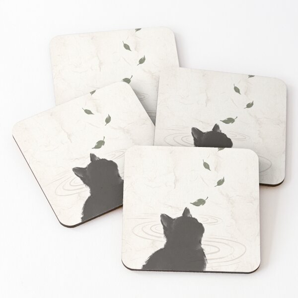 Item preview, Cat Silhouette Japandi Japanese Ink Art Falling Leaves Wabi Sabi Neutral Decor designed and sold by WabiSabiEssence.