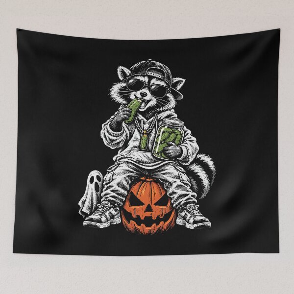 Item preview, Streetwear Raccoon Eating Pickles on a Halloween Pumpkin designed and sold by NaturEdeN.