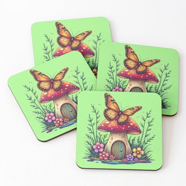 Item preview, Enchanted Mushroom House - Monarch Butterfly in a Magical Garden designed and sold by Chroma Dreams .