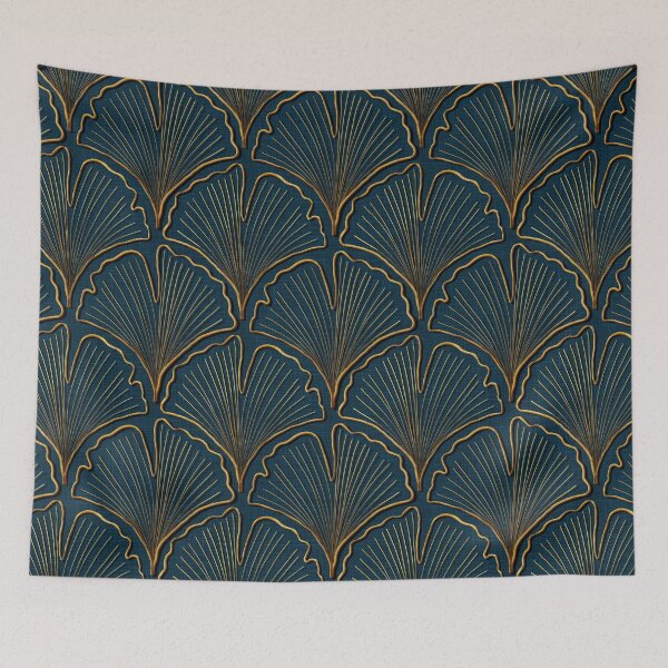 Item preview, Ginkgo Biloba leaves in gold on navy linen designed and sold by OhNoNotAgain42.