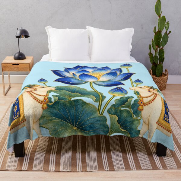 Item preview, Blue Lotus Pichwai Art with Sacred Cows- Indian Wall Decor designed and sold by ShreecreatE.