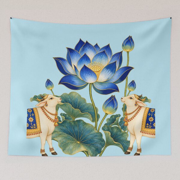 Item preview, Blue Lotus Pichwai Art with Sacred Cows- Indian Wall Decor designed and sold by ShreecreatE.
