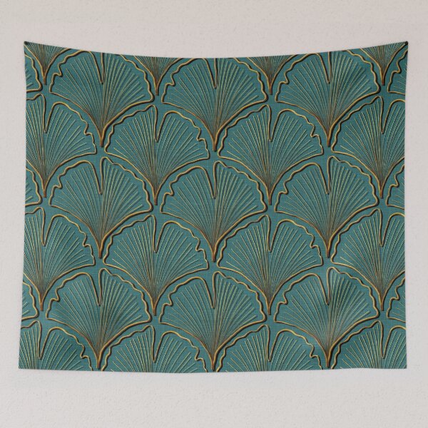 Item preview, Ginkgo Biloba leaves in gold on teal linen designed and sold by OhNoNotAgain42.