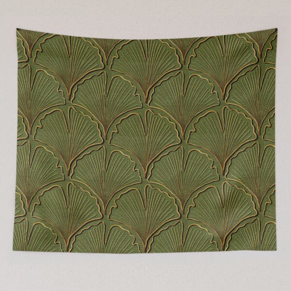 Item preview, Ginkgo Biloba leaves in gold on moss Green designed and sold by OhNoNotAgain42.
