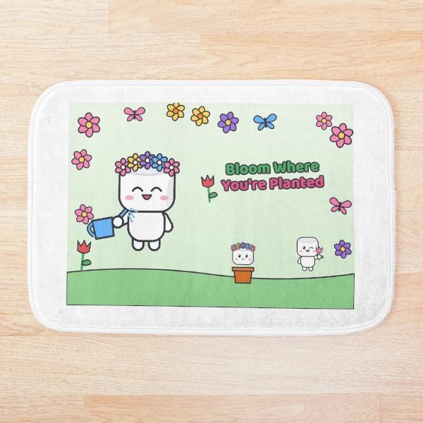 Bloom Where You're Planted - Cute Garden Marshmallow Pip with Flowers — Bath Mat by BiMood