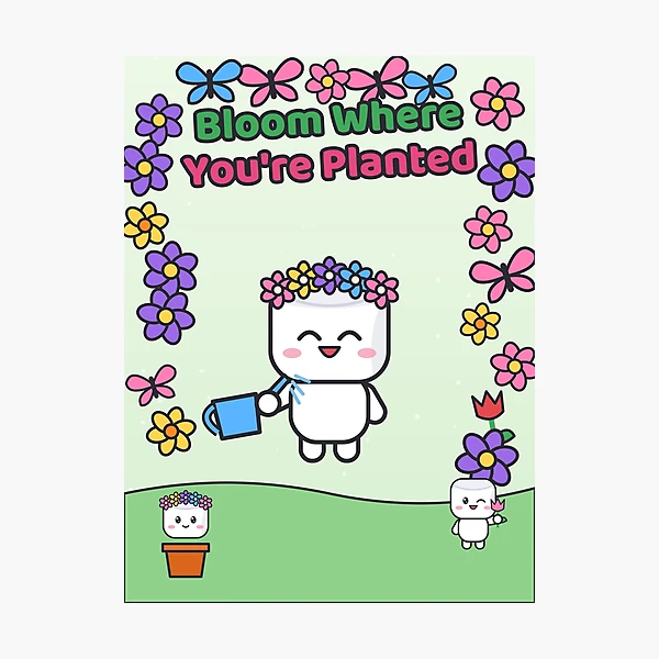 Bloom Where You're Planted - Cute Garden Marshmallow Pip with Flowers — Photographic Print by BiMood