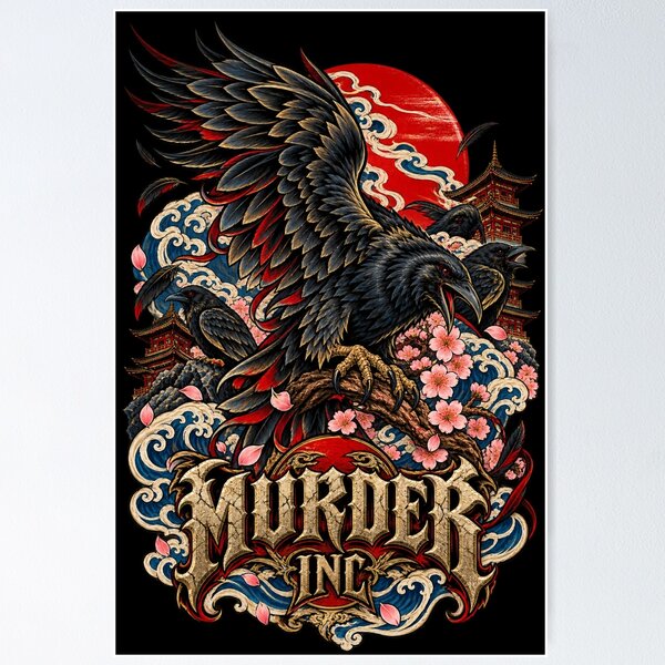 Item preview, Japanese Crow Tattoo Art – Irezumi Crow, Rising Sun, Waves & Pagodas designed and sold by Emoji Emblems.