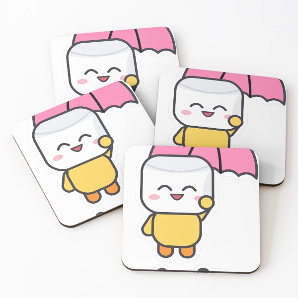 Hello Rainy Days - Cute Raincoat Marshmallow Pip with Umbrella — Coasters (Set of 4) by BiMood