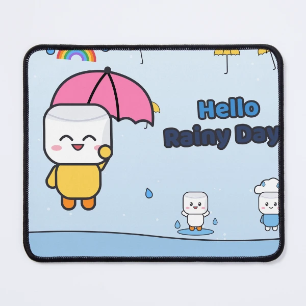 Hello Rainy Days - Cute Raincoat Marshmallow Pip with Umbrella — Mouse Pad by BiMood