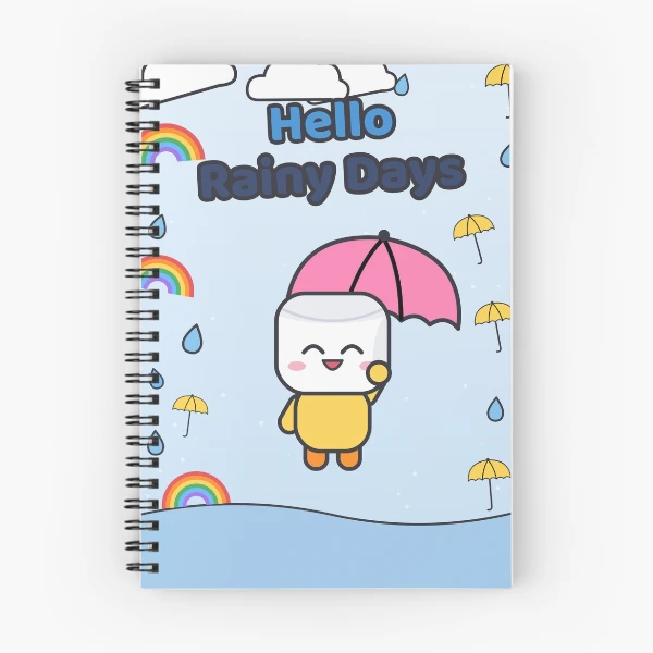 Hello Rainy Days - Cute Raincoat Marshmallow Pip with Umbrella — Spiral Notebook by BiMood