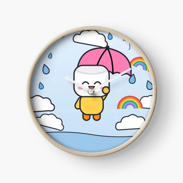 Hello Rainy Days - Cute Raincoat Marshmallow Pip with Umbrella — Clock by BiMood