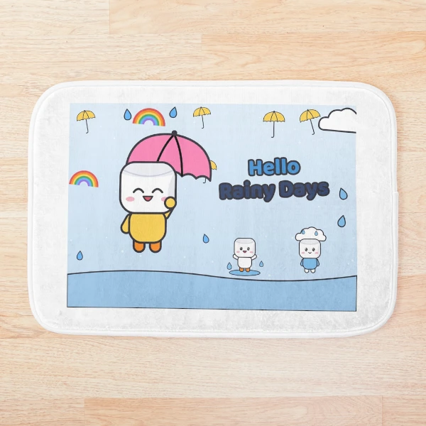 Hello Rainy Days - Cute Raincoat Marshmallow Pip with Umbrella — Bath Mat by BiMood