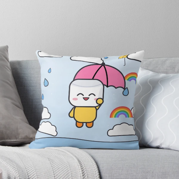 Hello Rainy Days - Cute Raincoat Marshmallow Pip with Umbrella — Throw Pillow by BiMood