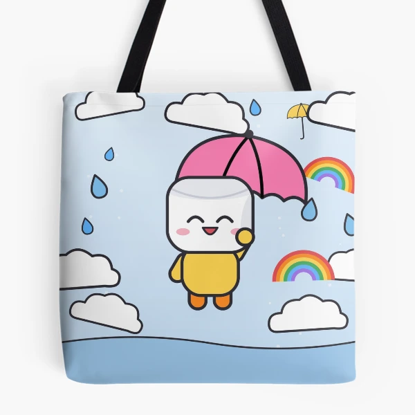 Hello Rainy Days - Cute Raincoat Marshmallow Pip with Umbrella — All Over Print Tote Bag by BiMood