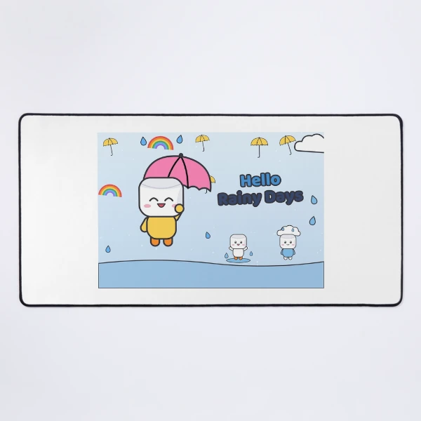 Hello Rainy Days - Cute Raincoat Marshmallow Pip with Umbrella — Mouse Pad by BiMood