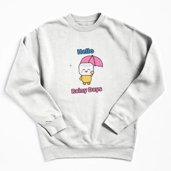 Hello Rainy Days - Cute Raincoat Marshmallow Pip with Umbrella — Pullover Sweatshirt by BiMood