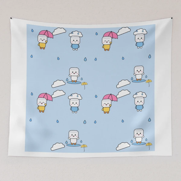 Hello Rainy Days - Cute Raincoat Marshmallow Pip with Umbrella — Tapestry by BiMood