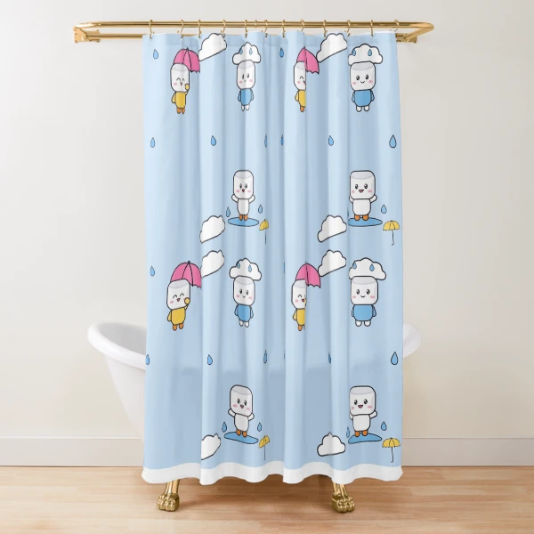 Hello Rainy Days - Cute Raincoat Marshmallow Pip with Umbrella — Shower Curtain by BiMood