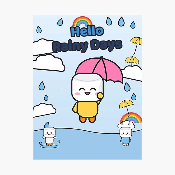 Hello Rainy Days - Cute Raincoat Marshmallow Pip with Umbrella — Photographic Print by BiMood