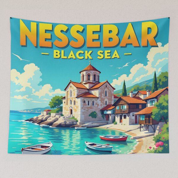 Item preview, Nessebar Bulgaria – Vintage Historic Seaside Travel Poster designed and sold by LSVart.