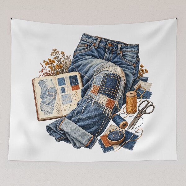 Item preview, Denim Knee Patch Stitch Map – Visible Mending Illustration designed and sold by Xnuery.